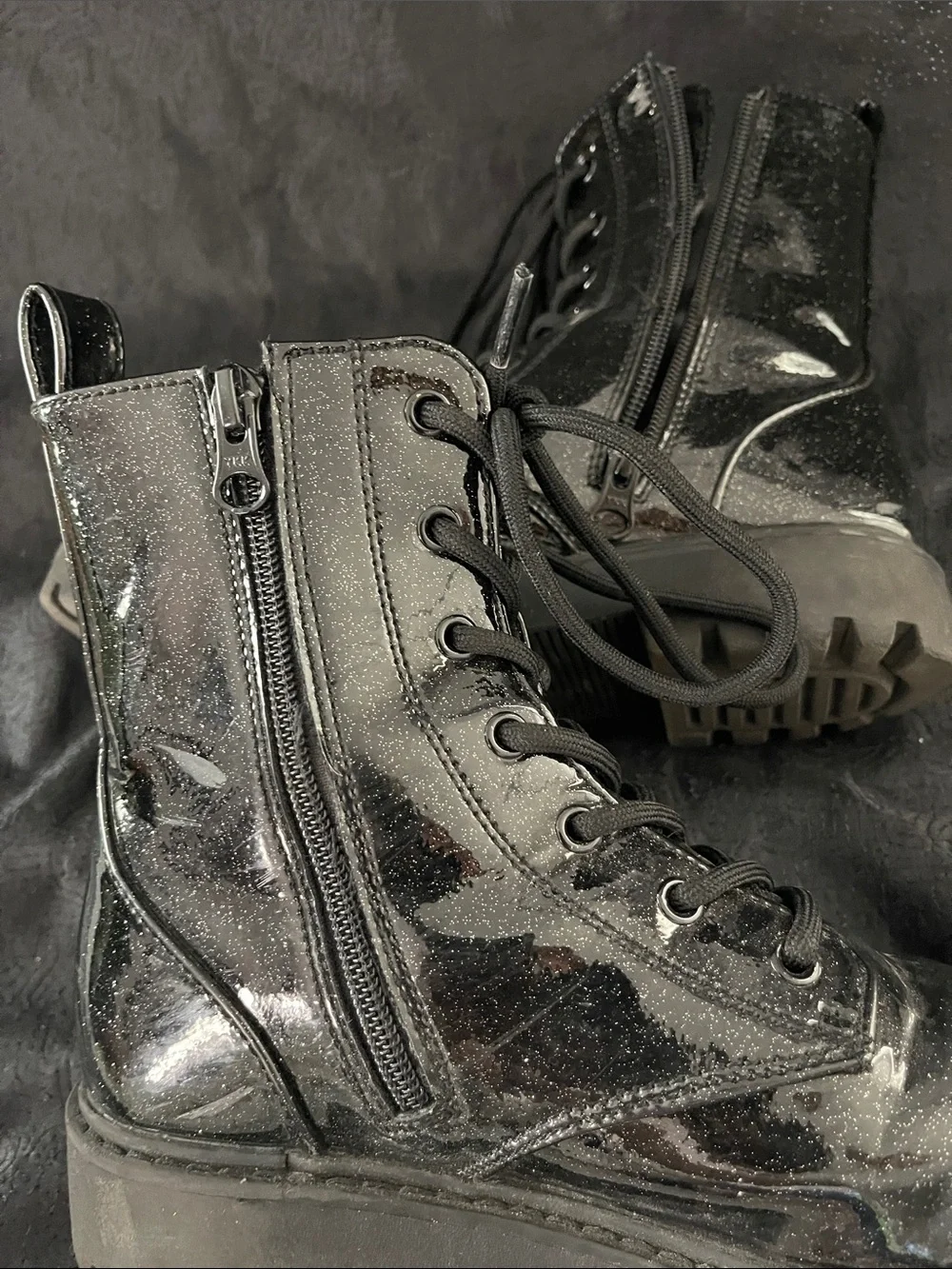 art class Black Glitter Patent Lace-Up Combat Boots with Lug Sole